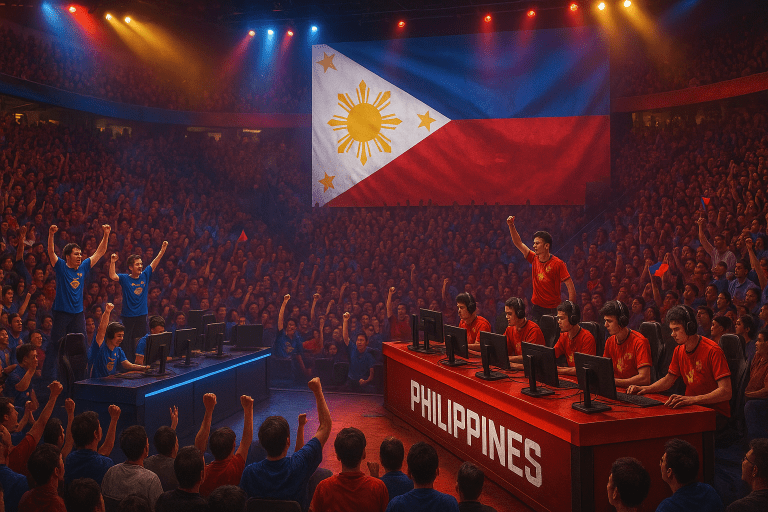 Esports players on stage in a Philippine arena with a cheering audience.