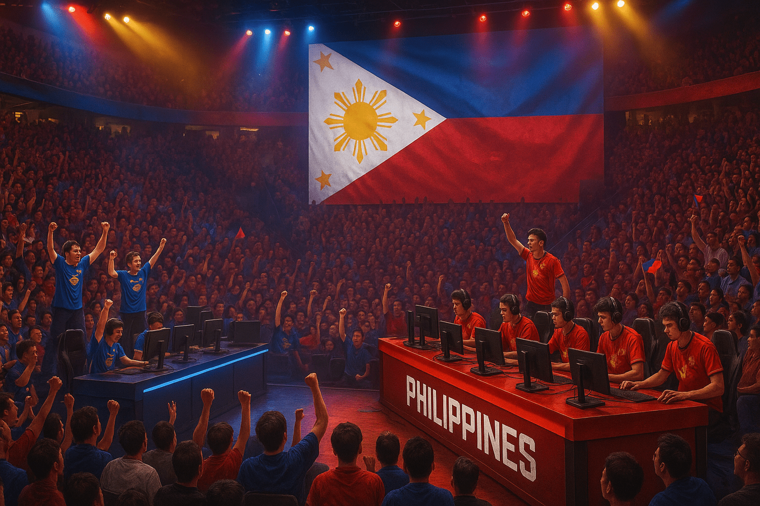 Esports players on stage in a Philippine arena with a cheering audience.
