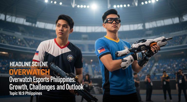 Overwatch Esports Philippines live match with Filipino players and fans in a gaming arena.