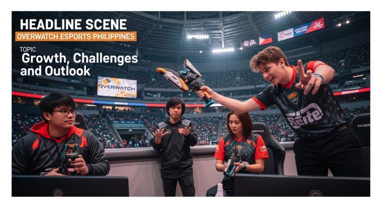 Overwatch Esports Philippines live match with Filipino players and fans in a gaming arena.