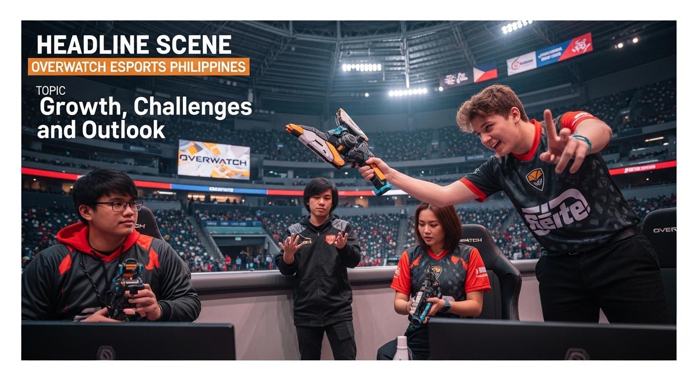 Overwatch Esports Philippines live match with Filipino players and fans in a gaming arena.