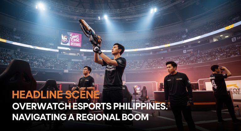 Overwatch Esports Philippines event with teams on stage and fans in the arena.
