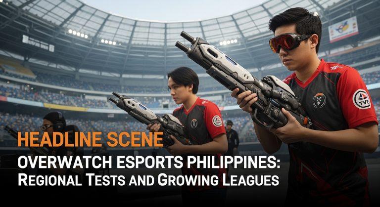 Philippines Overwatch esports scene with players and fans in a crowded venue.