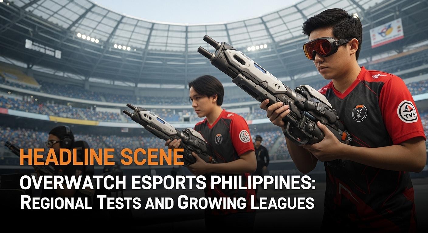 Philippines Overwatch esports scene with players and fans in a crowded venue.
