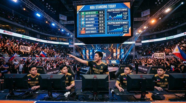 Esports team reviewing standings with NBA-inspired scorecards in a Philippine setting.