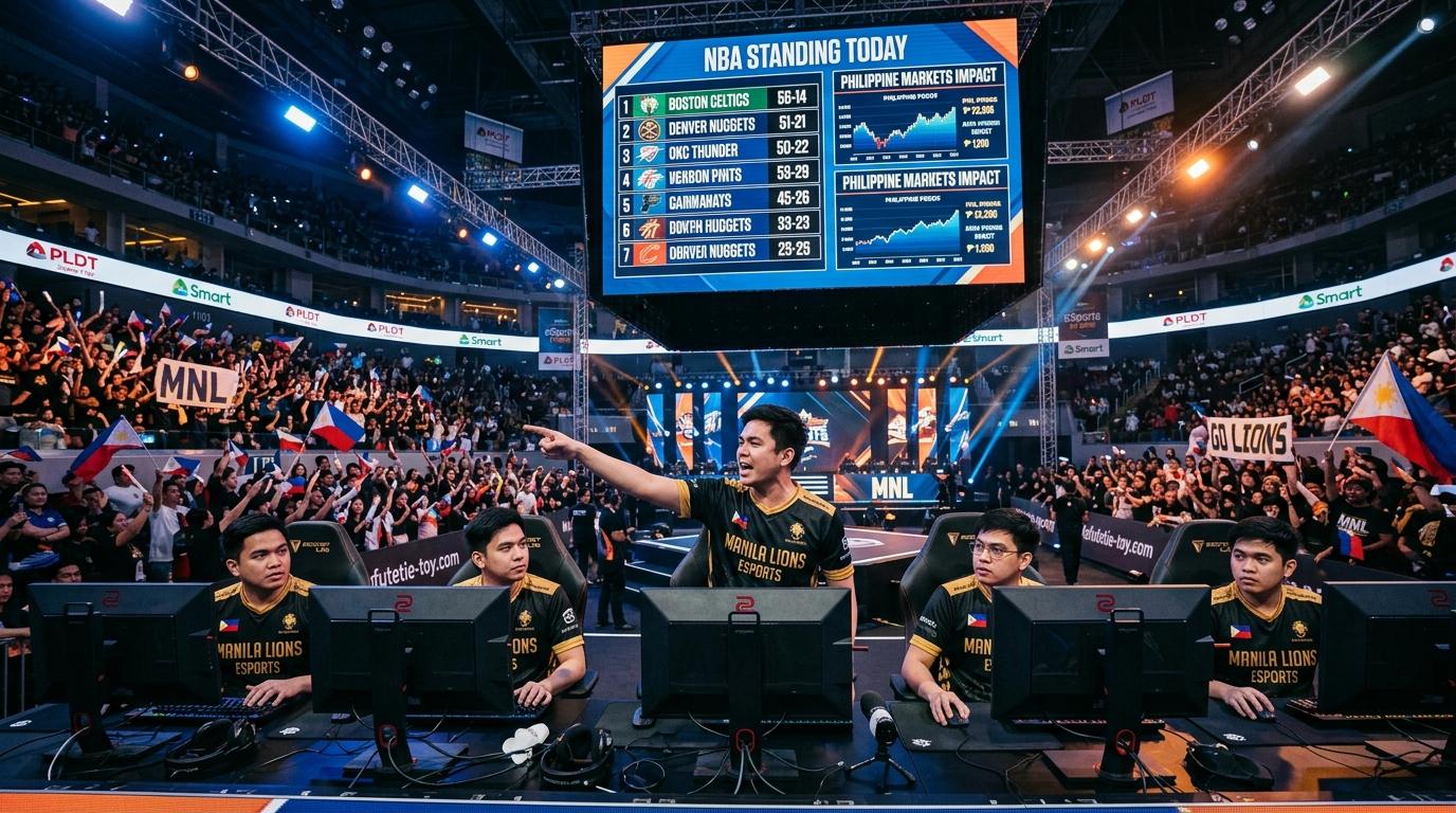 Esports team reviewing standings with NBA-inspired scorecards in a Philippine setting.