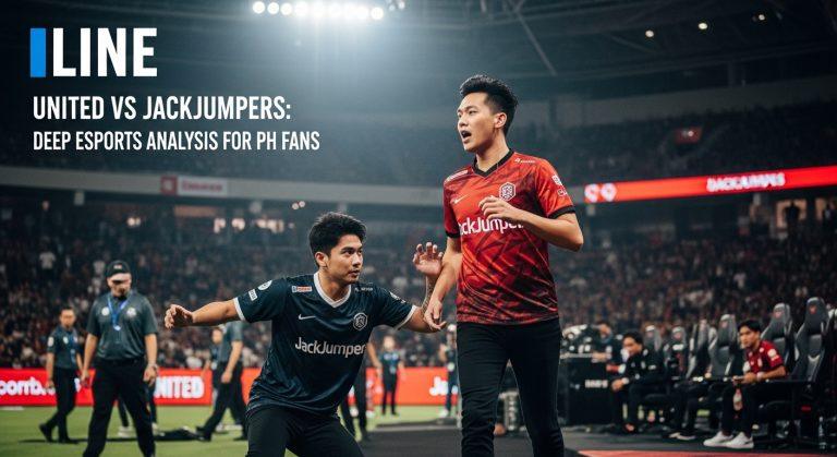 Split-screen esports matchup between United and JackJumpers with a Philippine audience in the stands