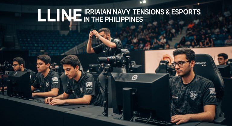 Editorial illustration linking Iranian navy tensions to esports logistics in the Philippines.