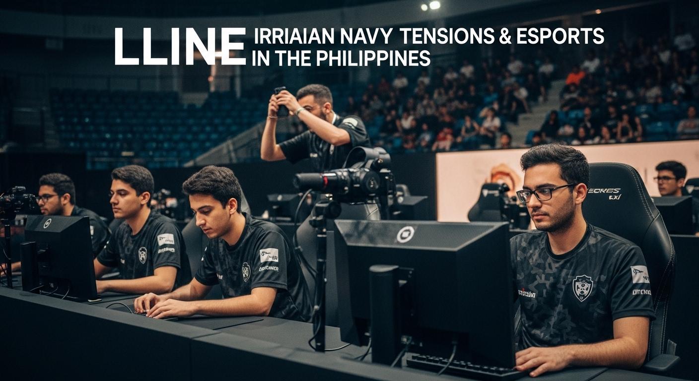 Editorial illustration linking Iranian navy tensions to esports logistics in the Philippines.