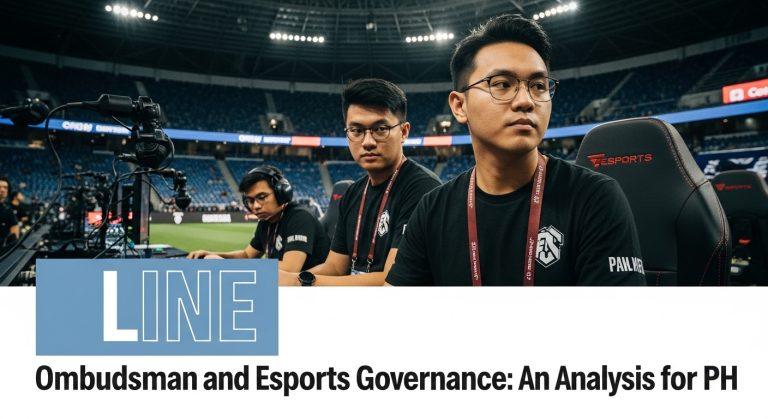 Esports arena in the Philippines with a gavel symbolizing ombudsman oversight and governance.
