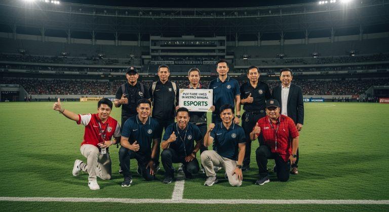 Journalist at desk reviewing public transport fare charts with Manila esports event posters nearby.