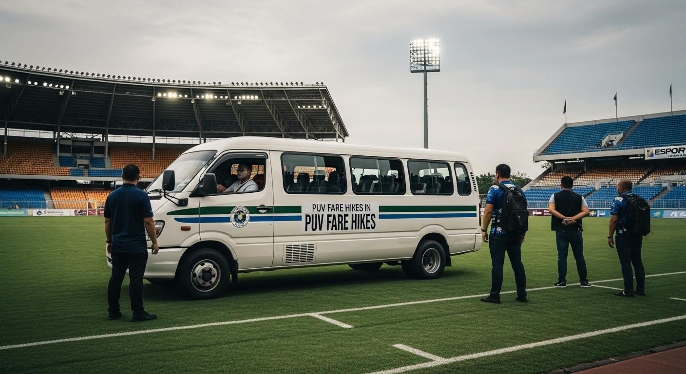 Journalist at desk reviewing public transport fare charts with Manila esports event posters nearby.