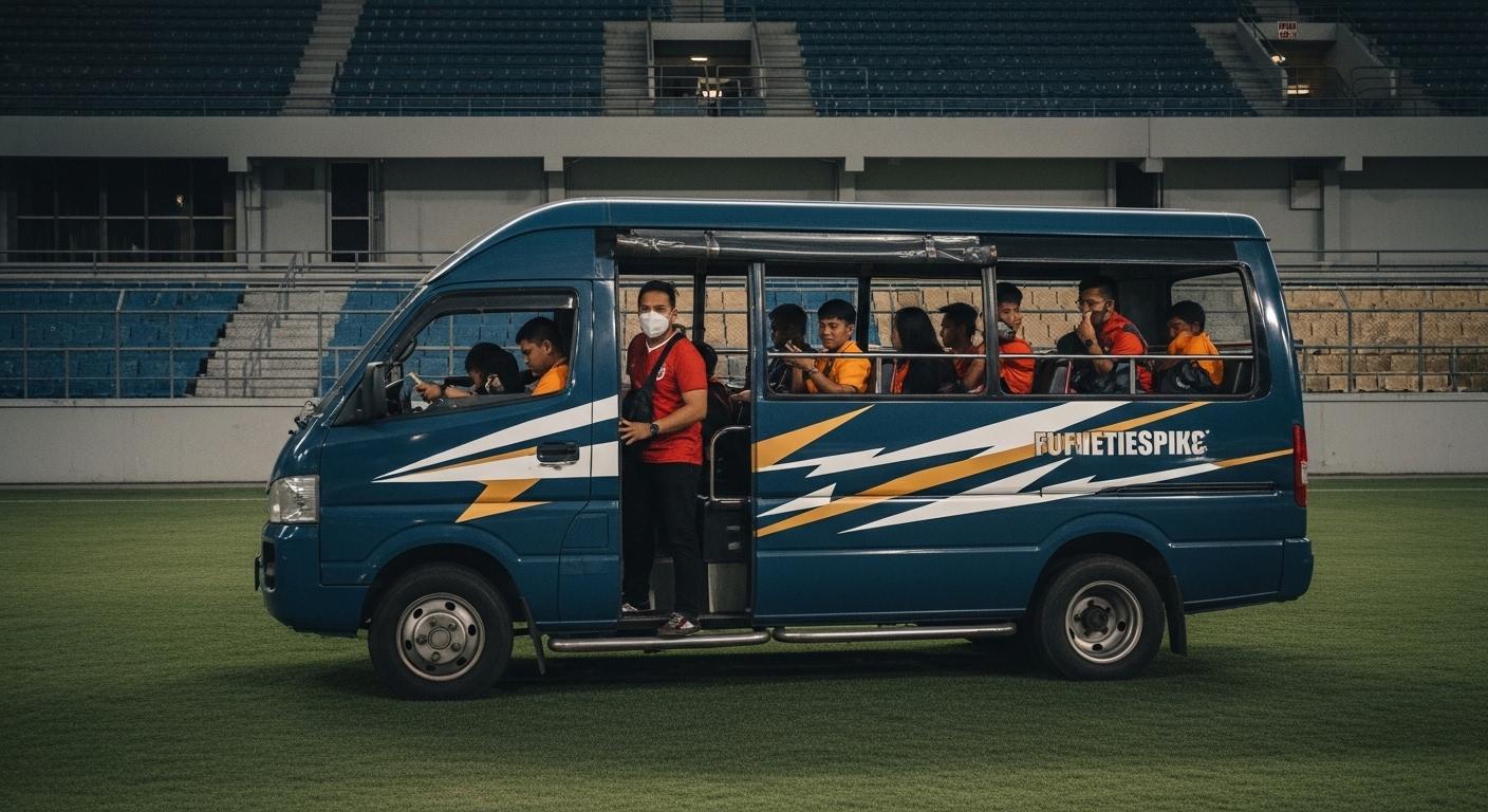 Journalist at desk reviewing public transport fare charts with Manila esports event posters nearby.