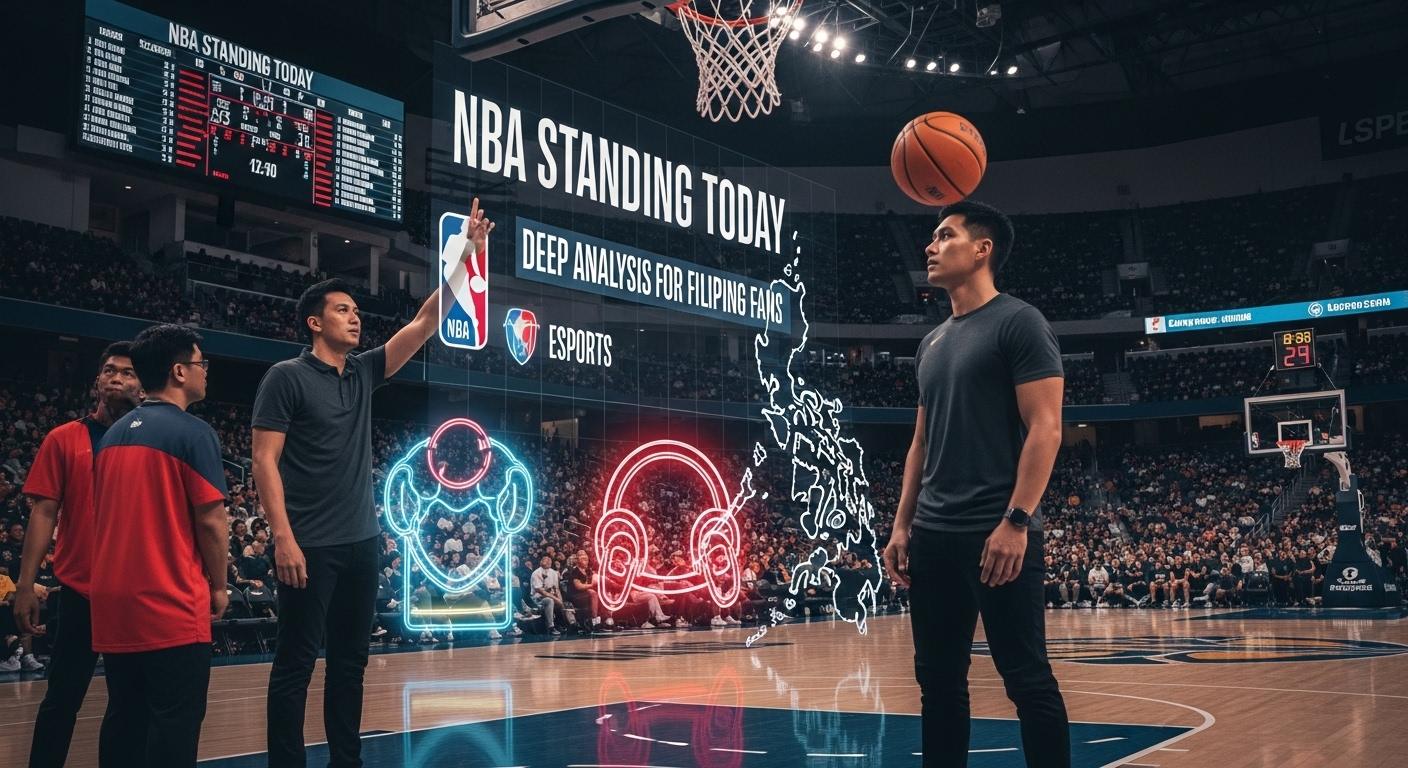 Composite image showing NBA standings alongside Filipino esports fans and neon graphics